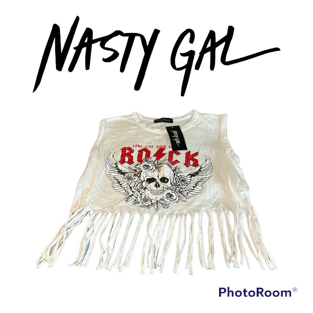 Nasty Gal NWT “We Built this City” Rock Distressed Fringed Crop Graphic Tee 8